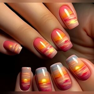 Summer SUNSET ☀️ GLOSSY PRESS ON NAILS OR glue On. Kit For Perfect Nails.